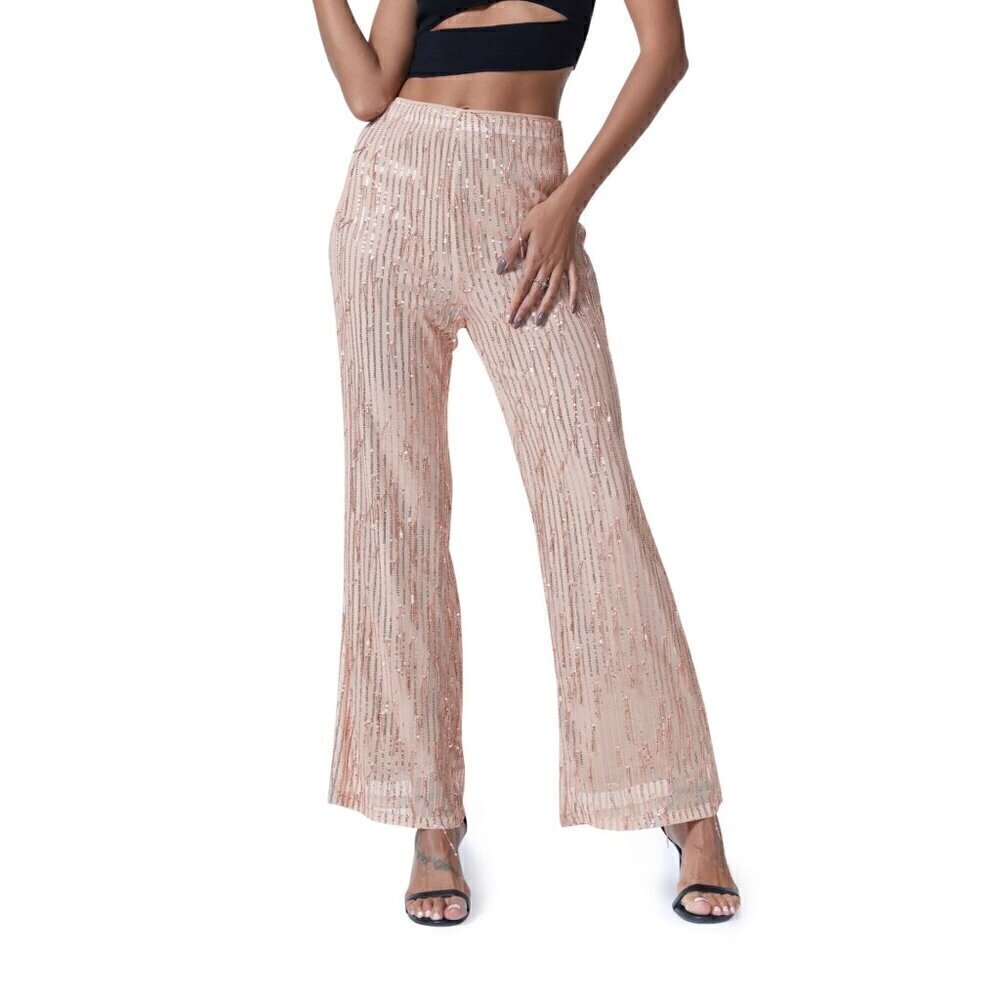 Cicy Bell Women's Wide Leg Sequin Pants Loose Bling Glitter Shiny Rose Gold
